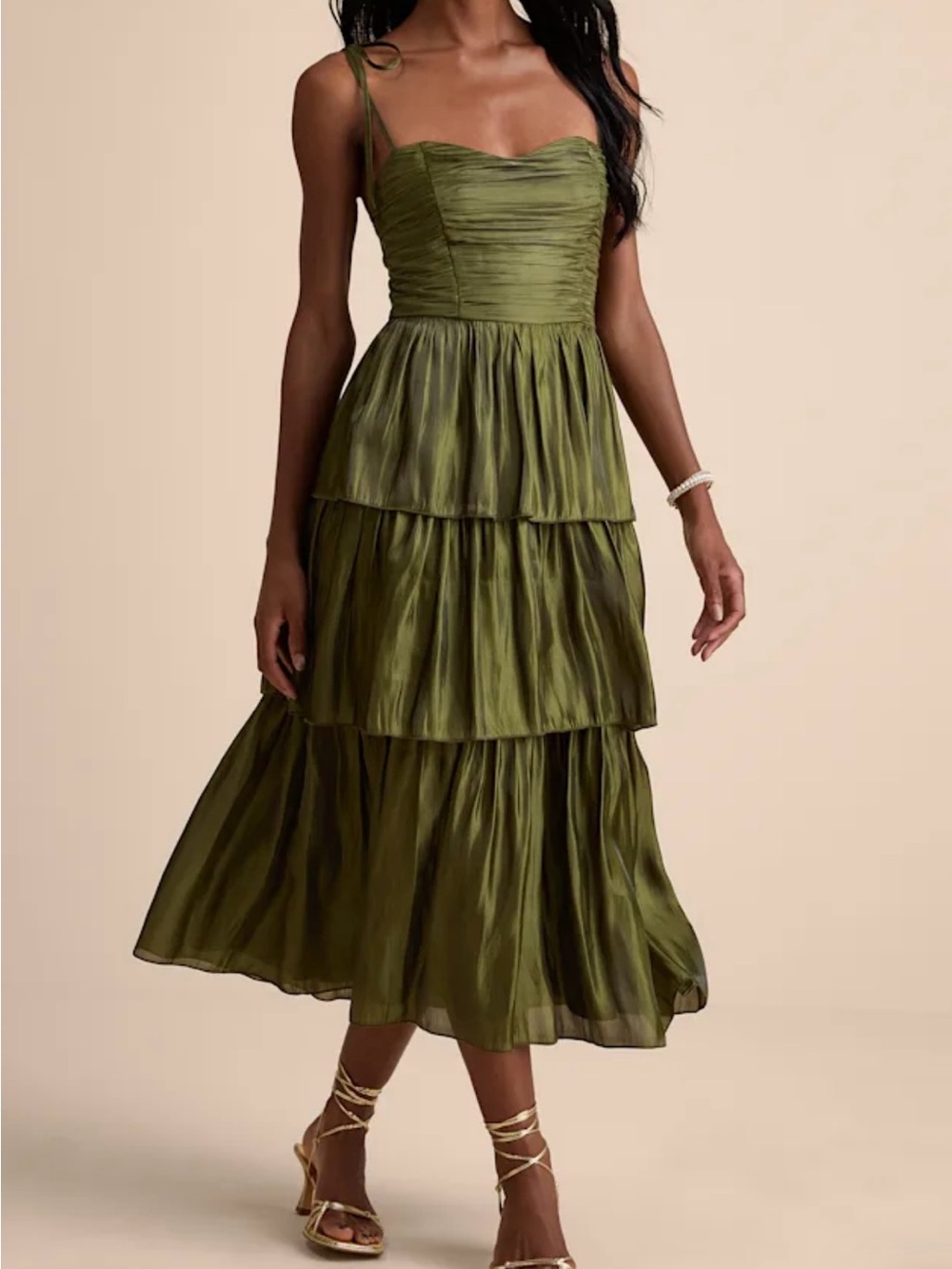 Lulu’s Tiered Olive Green Midi Dress with Spaghetti Straps